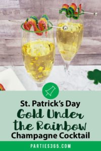 This festive St. Patrick's Day champagne cocktail is a fun and easy drink idea for your party! The simple recipe with sparkling wine, isn't green, but the gold under the rainbow will delight any St. Pattys leprechaun! #stpatricksday #champagne #cocktailrecipe #rainbow