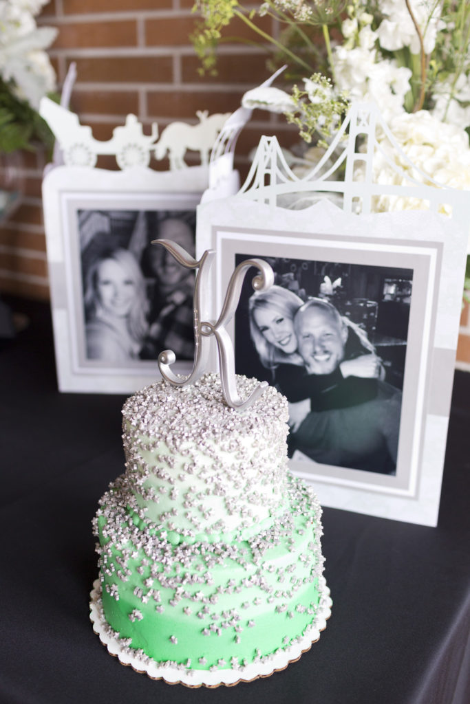 mint green and silver ombre bridal shower cake topped with the letter K cake topper