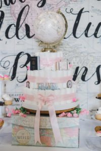 A travel themed baby shower is a perfect idea as the adventure into parenthood begins! Get ideas from vintage maps to custom invitations, favors, decorations and even creative food in this beautiful baby shower held in an airplane hanger! #babyshower #travel #adventuretheme #partyideas
