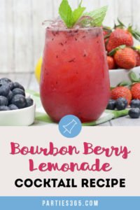 This Bourbon Berry Lemonade cocktail is an easy spring drink that will please a crowd! Get the simple cocktail recipe, made with fresh strawberries and blueberries for your next summer party! #bourbon #cocktail #drinkrecipe #springparty #summer
