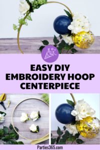 This unique DIY centerpiece, made from an Embroidery Hoop, flowers and mini balloons, is perfect for a party, birthday, wedding, graduation or anniversary! This simple crafts project tutorial will show you how to create beautiful decor for your big event! #centerpiece #embroideryhoop #partydecor #partyideas