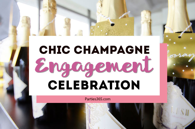 Planning an engagement party and need DIY ideas for decorations and themes? Keep things simple by focusing on metallics and champagne! This chic champagne celebration will inspire your cake, outfit, favors and more! #engagementparty #weddingshower #partythemes #partydecor