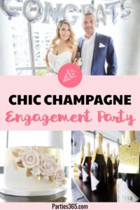 Planning an engagement party and need DIY ideas for decorations and themes? Keep things simple by focusing on metallics and champagne! This chic champagne celebration will inspire your cake, outfit, favors and more! #engagementparty #weddingshower #partythemes #partydecor