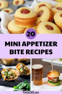 Mini appetizers are an easy way to feed a crowd of kids or adults at your next party! We have 20 bite size recipe ideas for chicken, vegetarian, sweet, or manly finger foods! #appetizers #bites #partyfood