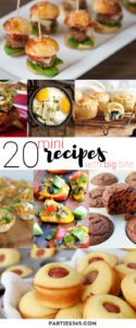 Mini appetizers are an easy way to feed a crowd of kids or adults at your next party! We have 20 bite size recipe ideas for chicken, vegetarian, sweet, or manly finger foods! #appetizers #bites #partyfood