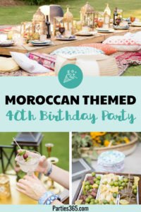This fabulous Moroccan Themed 40th Birthday Dinner Party is full of inspiration to create a backyard party to remember! With bright and bold decorations, delicious food and drinks, this outdoor Arabian Nights milestone birthday party has must see ideas! #40thbirthday #moroccan #partythemes #moroccanparty
