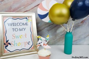 This pinwheel theme for a Sweet Shoppe is full of printable designs to make your birthday party pop! With ideas for decorations, favors, cupcake toppers, signs and more, you'll definitely want to download this free printable party set! #pinwheel #sweetshoppe #printables #partyideas