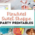 This pinwheel theme for a Sweet Shoppe is full of printable designs to make your birthday party pop! With ideas for decorations, favors, cupcake toppers, signs and more, you'll definitely want to download this free printable party set! #pinwheel #sweetshoppe #printables #partyideas