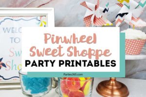 This pinwheel theme for a Sweet Shoppe is full of printable designs to make your birthday party pop! With ideas for decorations, favors, cupcake toppers, signs and more, you'll definitely want to download this free printable party set! #pinwheel #sweetshoppe #printables #partyideas