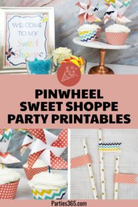 This pinwheel theme for a Sweet Shoppe is full of printable designs to make your birthday party pop! With ideas for decorations, favors, cupcake toppers, signs and more, you'll definitely want to download this free printable party set! #pinwheel #sweetshoppe #printables #partyideas