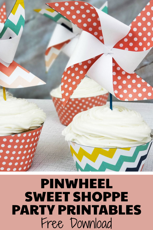 This pinwheel theme for a Sweet Shoppe is full of printable designs to make your birthday party pop! With ideas for decorations, favors, cupcake toppers, signs and more, you'll definitely want to download this free printable party set! #pinwheel #sweetshoppe #printables #partyideas
