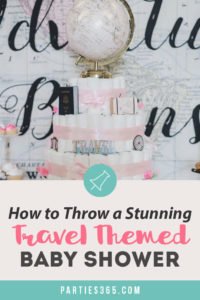 A travel themed baby shower is a perfect idea as the adventure into parenthood begins! Get ideas from vintage maps to custom invitations, favors, decorations and even creative food in this beautiful baby shower held in an airplane hanger! #babyshower #travel #adventuretheme #partyideas