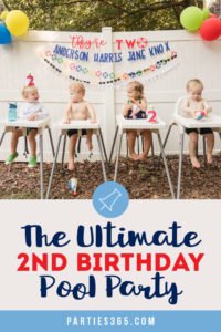 Need ideas for a toddler birthday party theme this summer? Check out this adorable 2 year old birthday pool party for 4 friends turning two! Perfect for kids, it's full of ideas for decorations, cake, food and the primary colors work great for girls or boys! #poolparty #summerfun #birthdayparty #twoyearsold #partyideas