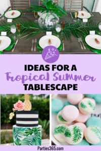 Want to set a beautiful outdoor dining table for a summer party? You'll love this simple tablescape featuring a palm leaf centerpiece and tropical decor! Click through to see all the summery tabletop decorations! #summerparty #outdoordining #tablescape #centerpiece #tropical
