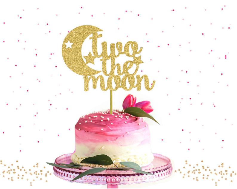two the moon gold glitter cake topper