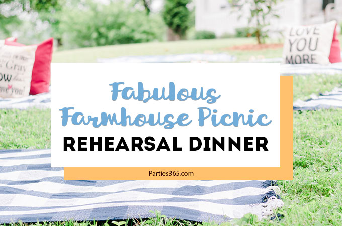 Looking for fun and unique ideas for a casual outdoor wedding rehearsal dinner party? You'll adore this Backyard Picnic on a farm! Find inspiration for decorations, food and more at this DIY farmhouse picnic. #rehearsaldinner #picnic #dinnerparty #weddingideas