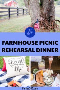 Looking for fun and unique ideas for a casual outdoor wedding rehearsal dinner party? You'll adore this Backyard Picnic on a farm! Find inspiration for decorations, food and more at this DIY farmhouse picnic. #rehearsaldinner #picnic #dinnerparty #weddingideas