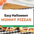 This super fun and easy Halloween Mummy Pizza recipe will be spooktacular for the kids! Whether you want to make a festive dinner for your family or something special for a Halloween party, these Mummy Pizzas are easy, quick and delicious! #Halloween #Halloweenrecipes #mummy #mummypizza #halloweenparty