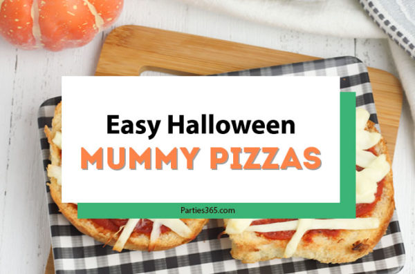 This super fun and easy Halloween Mummy Pizza recipe will be spooktacular for the kids! Whether you want to make a festive dinner for your family or something special for a Halloween party, these Mummy Pizzas are easy, quick and delicious! #Halloween #Halloweenrecipes #mummy #mummypizza #halloweenparty