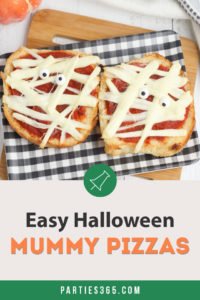 This super fun and easy Halloween Mummy Pizza recipe will be spooktacular for the kids! Whether you want to make a festive dinner for your family or something special for a Halloween party, these Mummy Pizzas are easy, quick and delicious! #Halloween #Halloweenrecipes #mummy #mummypizza #halloweenparty