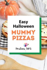 This super fun and easy Halloween Mummy Pizza recipe will be spooktacular for the kids! Whether you want to make a festive dinner for your family or something special for a Halloween party, these Mummy Pizzas are easy, quick and delicious! #Halloween #Halloweenrecipes #mummy #mummypizza #halloweenparty