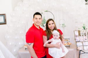 This simple Baptism party at home has ideas for lovely decorations with a beautiful backdrop that will work for a boy or a girl. Create an elegant dessert or food table your guests will adore! #baptism #baptismideas #partydecor #baptismparty