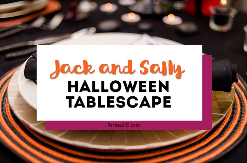 This Jack and Sally, Nightmare Before Christmas inspired Halloween Tablescape is full of decoration ideas for your spooky party or event! With Halloween table settings, centerpieces and display ideas, you'll love recreating this unique table for your guests! #JackandSally #NightmareBeforeChristmas #halloween #tablescape