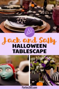 This Jack and Sally, Nightmare Before Christmas inspired Halloween Tablescape is full of decoration ideas for your spooky party or event! With Halloween table settings, centerpieces and display ideas, you'll love recreating this unique table for your guests! #JackandSally #NightmareBeforeChristmas #halloween #tablescape