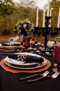 This Jack and Sally, Nightmare Before Christmas inspired Halloween Tablescape is full of decoration ideas for your spooky party or event! With Halloween table settings, centerpieces and display ideas, you'll love recreating this unique table for your guests! #JackandSally #NightmareBeforeChristmas #halloween #tablescape