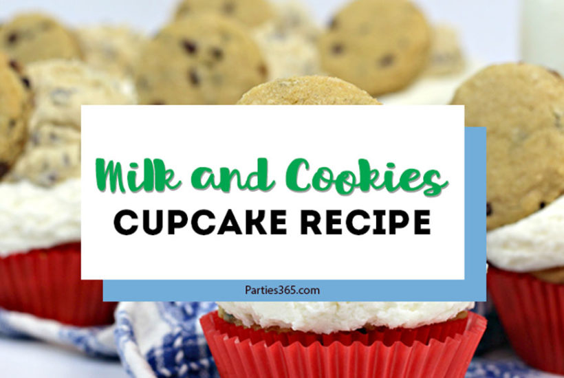 Need creative cupcake ideas for your next birthday party? You'll adore this delicious Milk and Cookies Cupcake Recipe! A vanilla chocolate chip cupcake with cookie dough decoration, this dessert is sure to be a hit with your guests! #cupcakes #cookiedough #chocolatechip #recipes #birthdayideas
