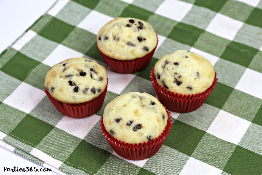 chocolate chip cupcakes in red wrappers