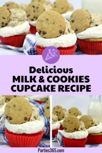 Need creative cupcake ideas for your next birthday party? You'll adore this delicious Milk and Cookies Cupcake Recipe! A vanilla chocolate chip cupcake with cookie dough decoration, this dessert is sure to be a hit with your guests! #cupcakes #cookiedough #chocolatechip #recipes #birthdayideas