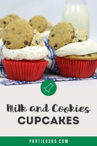 Need creative cupcake ideas for your next birthday party? You'll adore this delicious Milk and Cookies Cupcake Recipe! A vanilla chocolate chip cupcake with cookie dough decoration, this dessert is sure to be a hit with your guests! #cupcakes #cookiedough #chocolatechip #recipes #birthdayideas