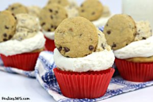 Need creative cupcake ideas for your next birthday party? You'll adore this delicious Milk and Cookies Cupcake Recipe! A vanilla chocolate chip cupcake with cookie dough decoration, this dessert is sure to be a hit with your guests! #cupcakes #cookiedough #chocolatechip #recipes #birthdayideas