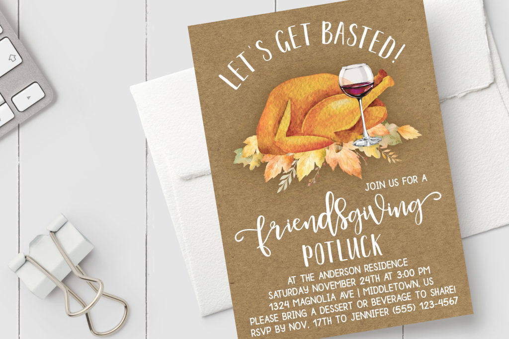 Friendsgiving Dinner invitation with turkey and wine