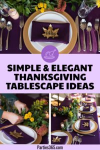 Looking for simple and elegant ideas for your Thanksgiving table decor? You'll love this purple and gold Thanksgiving tablescape, DIY place cards, table settings and centerpieces! All the inspiration you need to set a beautiful holiday table is right here! #Thanksgiving #Thanksgivingtable #holidaydecor #ThanksgivingDinner #ThanksgivingTablescapes