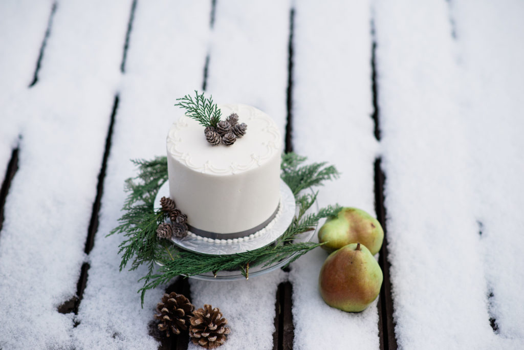 winter cake topped with mini pinecones