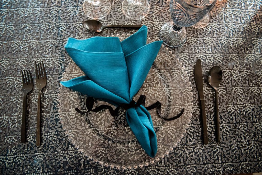 black silver and teal Hanukkah place setting
