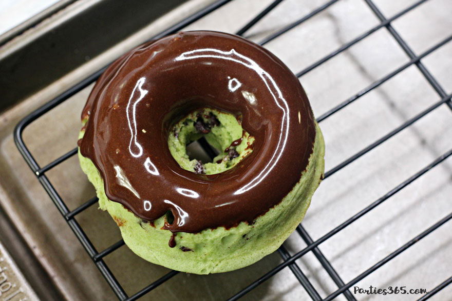 mint chocolate chip donut covered in chocolate glaze