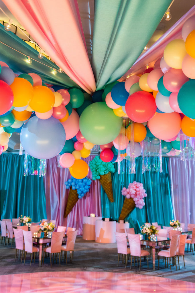 balloon installation at Paris themed birthday party