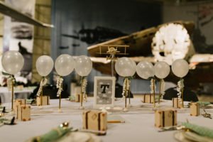 airplane themed dinner table with balloons