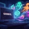 A cracked monitor displaying a 'Goodbye' message, representing the HiAnime shutdown, with anime characters floating away in the background
