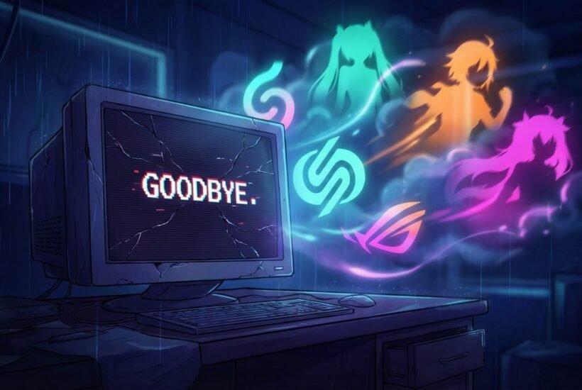 A cracked monitor displaying a 'Goodbye' message, representing the HiAnime shutdown, with anime characters floating away in the background
