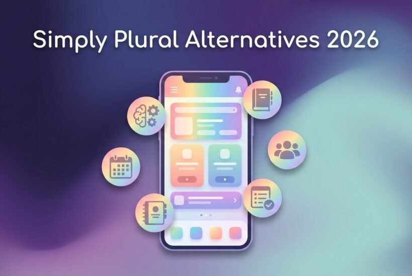 Simply Plural Alternatives 2026 - smartphone surrounded by app icons on a purple-teal gradient background