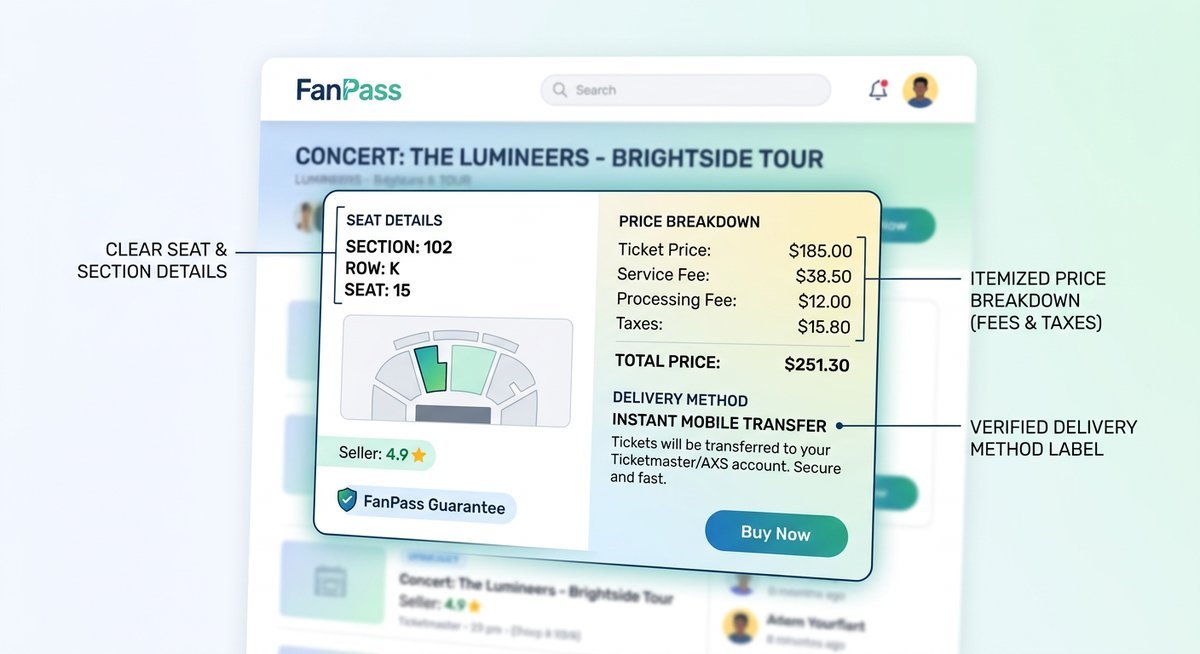 FanPass website homepage screenshot showing ticket listings and buyer guarantee badge, illustrating the platform's interface for first-time visitors