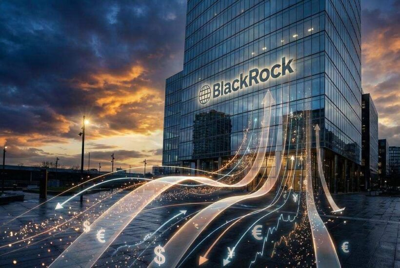 BlackRock headquarters with digital financial data streams representing the $52 billion client withdrawal