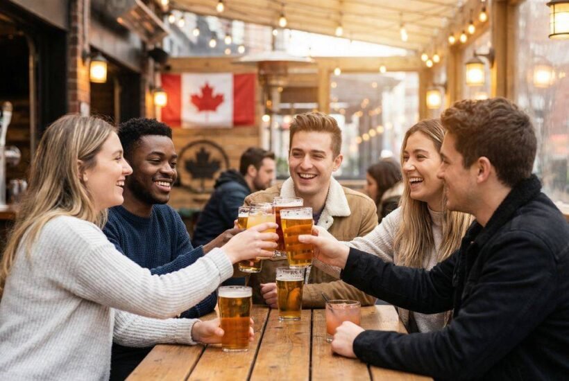 Young adults enjoying drinks at a Canadian bar with the Canadian flag in the background