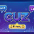 Cuz meaning: Because, Cousin, and Friend illustrated with speech bubbles on a blue and purple background
