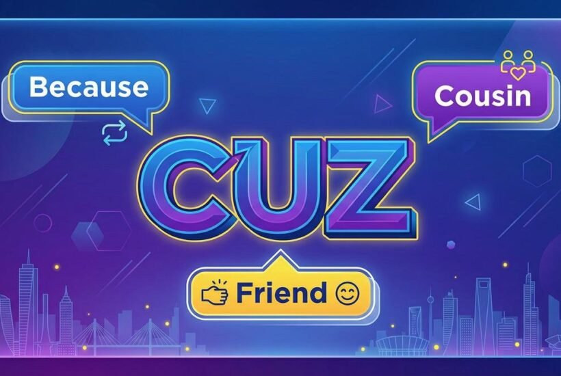 Cuz meaning: Because, Cousin, and Friend illustrated with speech bubbles on a blue and purple background