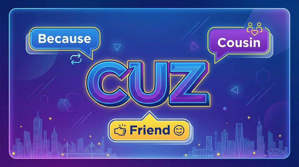 Cuz meaning: Because, Cousin, and Friend illustrated with speech bubbles on a blue and purple background